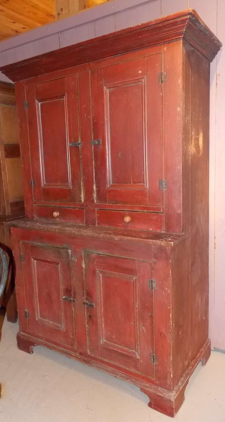 19th c. Red Painted Blind-Door Stepback Cupboard 1
