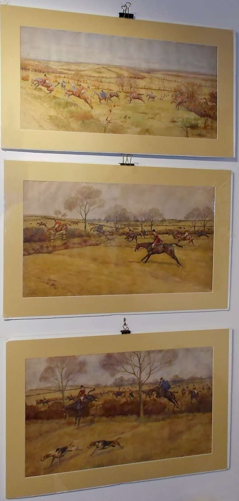 Set of 3 hunt scenes by E. Blocaille (20th c., France) depicting the English horse hunt organization 
