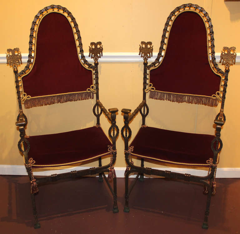 Pair of metalwork chairs in the manner of Oscar Bach. Velvet, rope lined seats, great form and patina.