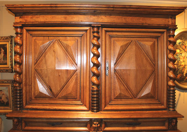 17th c French Louis XIV Baroque Flame Walnut Two Part Cupboard In Good Condition For Sale In Milford, NH