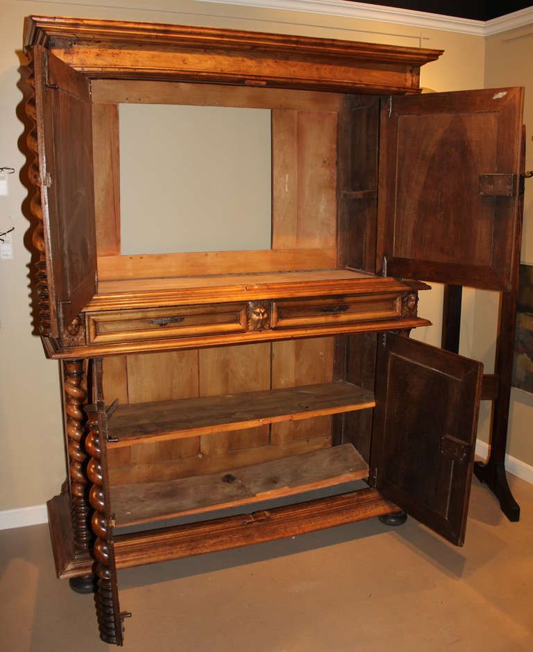 18th Century and Earlier 17th c French Louis XIV Baroque Flame Walnut Two Part Cupboard For Sale