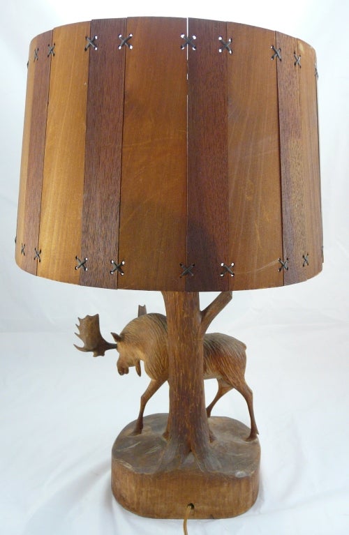 European Carved Wooden Lamp with Moose and Wood Slat Shade