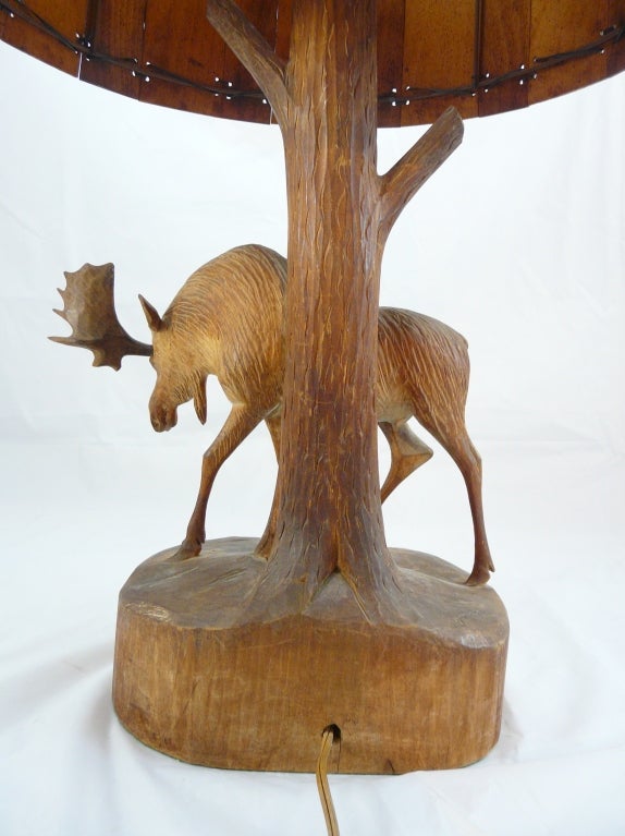 Mid-20th Century Carved Wooden Lamp with Moose and Wood Slat Shade