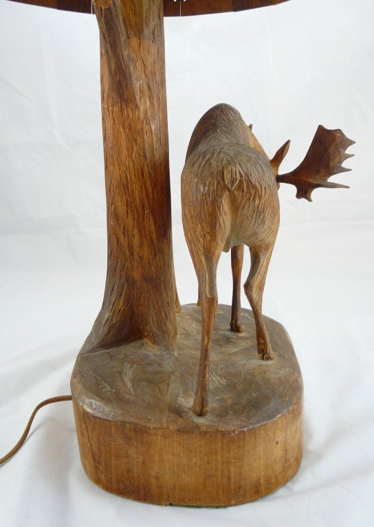 Carved Wooden Lamp with Moose and Wood Slat Shade 1