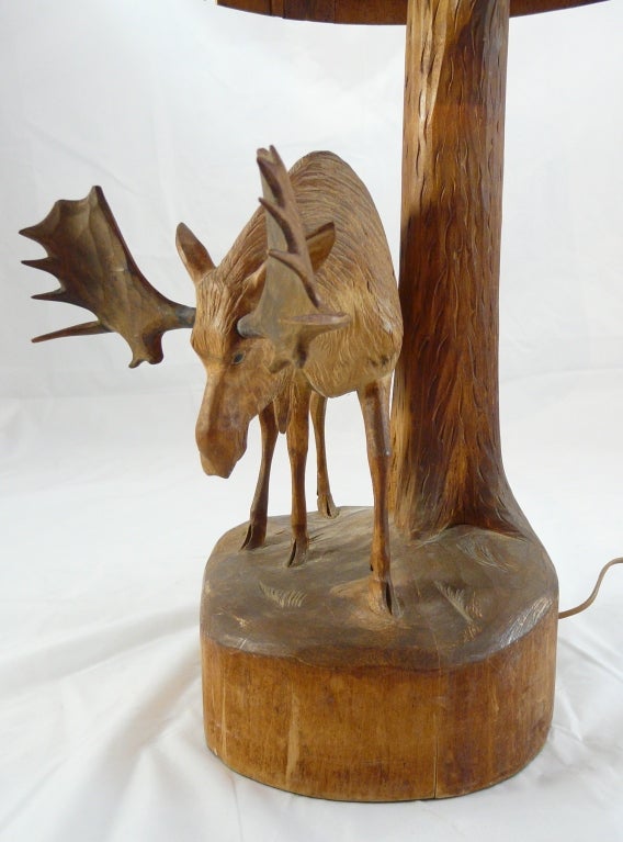 Carved Wooden Lamp with Moose and Wood Slat Shade 2