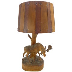 Carved Wooden Lamp with Moose and Wood Slat Shade