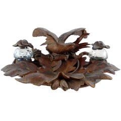 Bergen & Co. Swiss Black Forest Carved Wood Inkwell with Bird