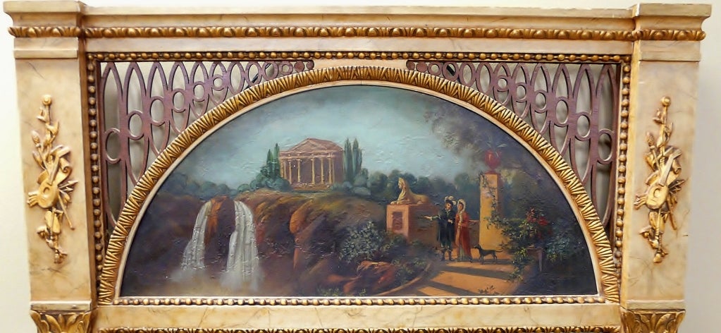 Adams-style pier mirror with faux marble columnar surround and romantic garden scene painted in oil.  Great detail.