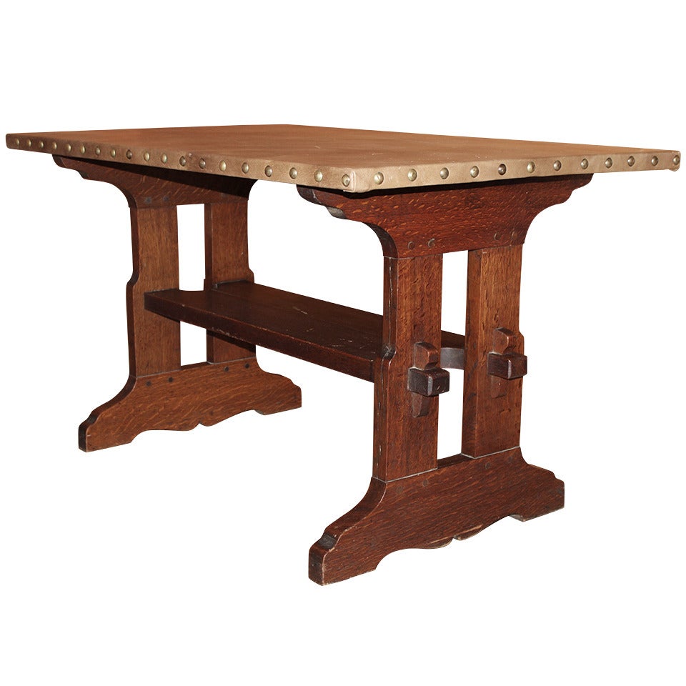 Gustav Stickley Oak Trestle or Library Table with Leather Top