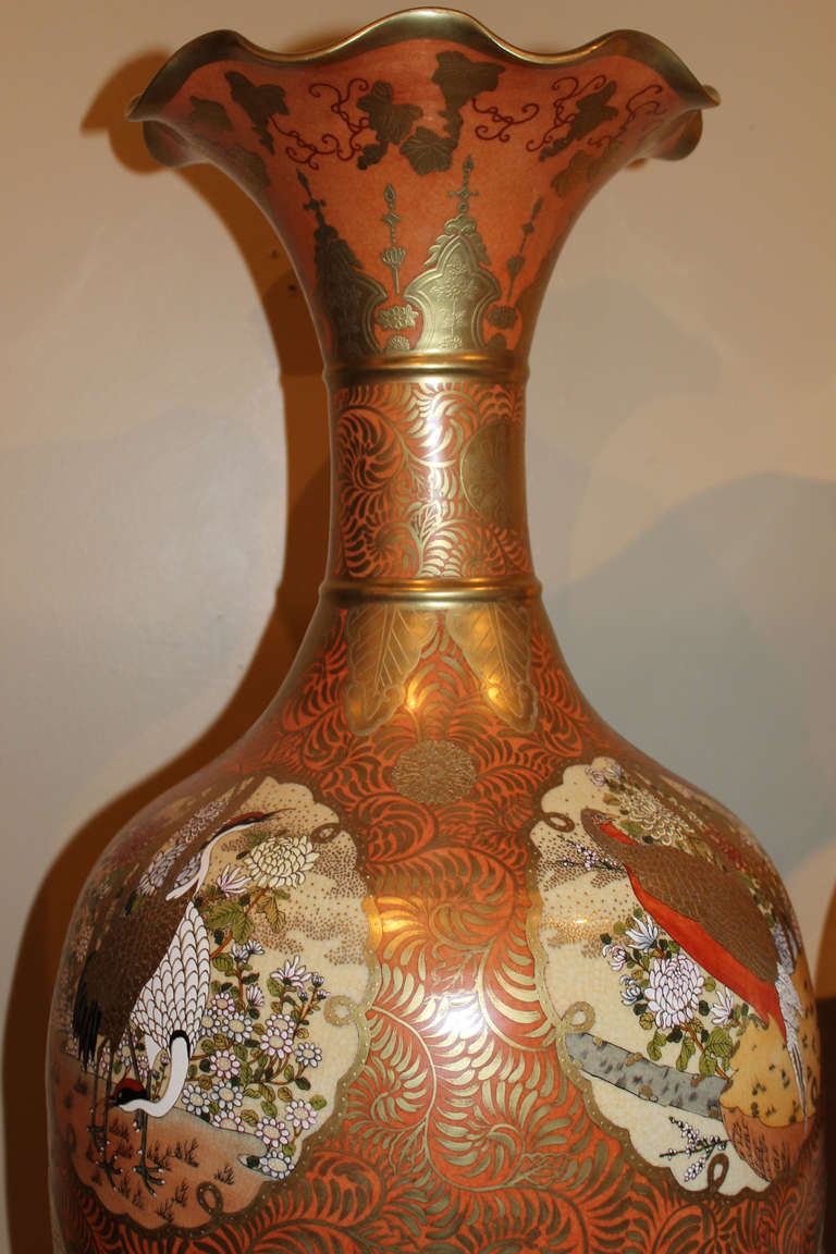 20th Century Pair of Large Orange and Gold Gilt Japanese Kutani Style Vases For Sale