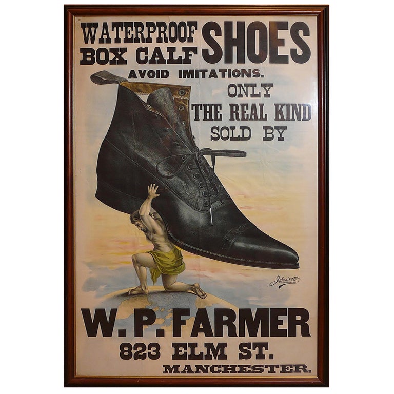 W.P. Affiche publicitaire d'un fermier de Manchester, NH, magasin de chaussures