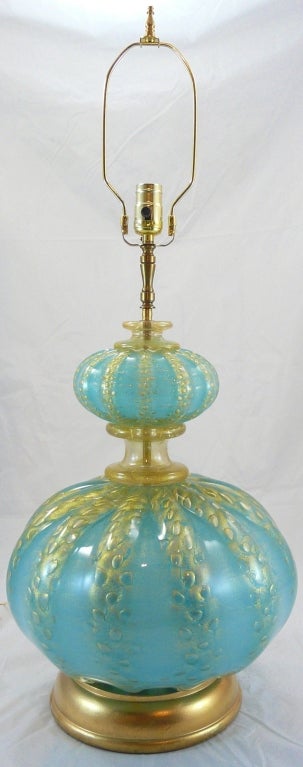 20th Century Italian Murano Aqua Glass Lamp with Gold Flecking