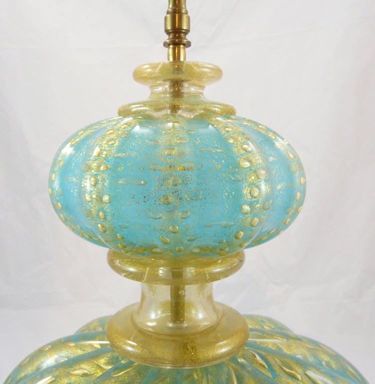 Italian Murano Aqua Glass Lamp with Gold Flecking 2