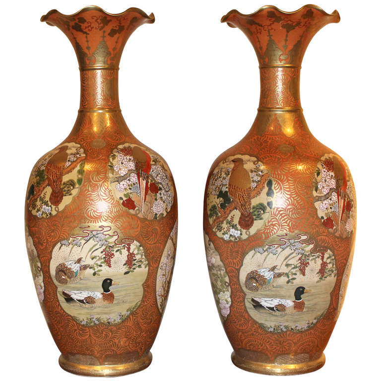 Pair Of Large Orange And Gold Gilt Anese Satsuma Vases