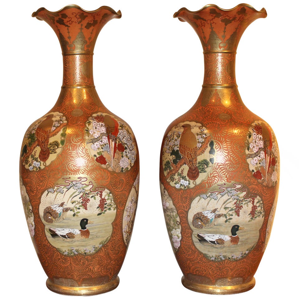 Pair of Large Orange and Gold Gilt Japanese Kutani Style Vases