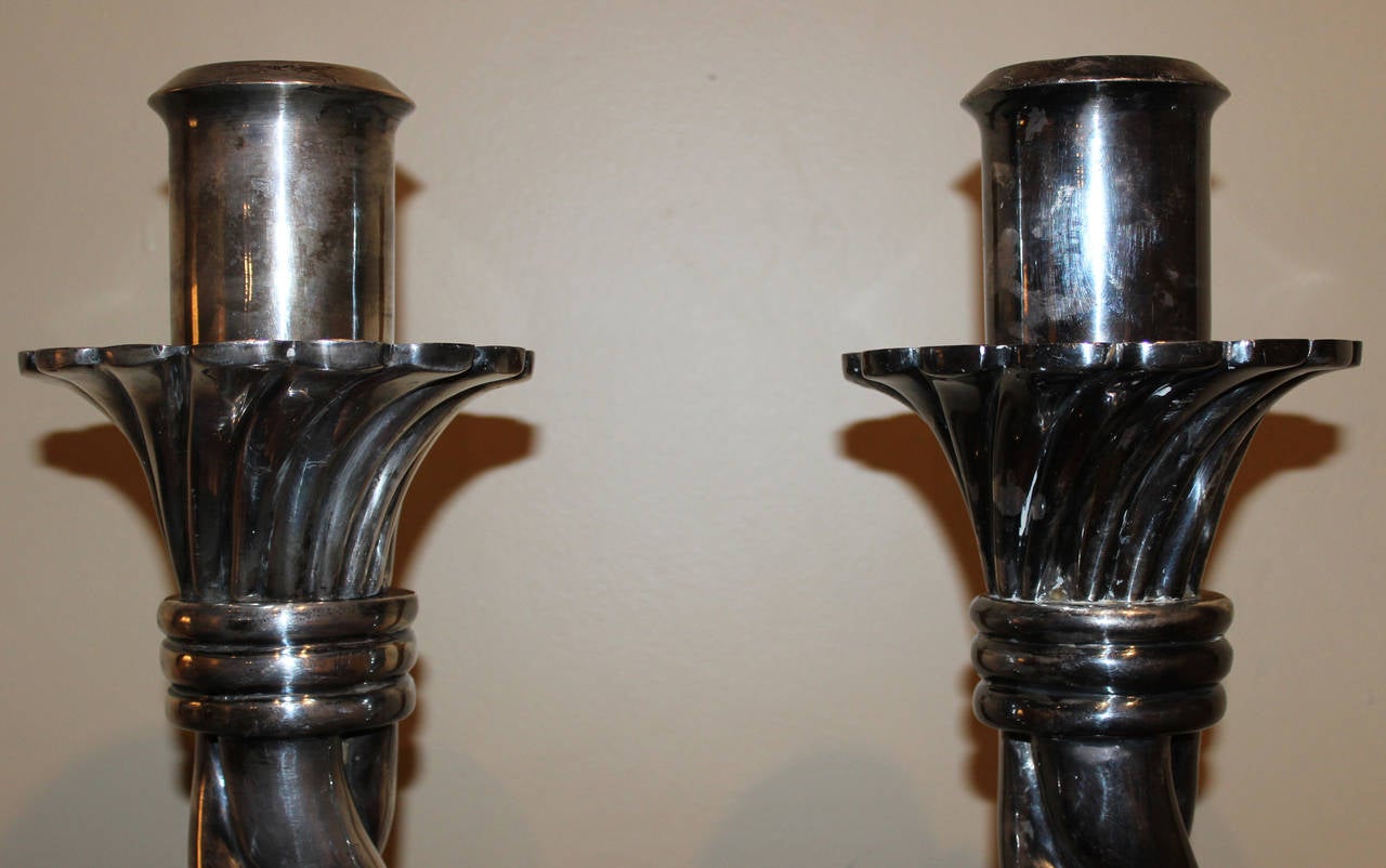 A large pair of silvered bronze barley or rope twist candlesticks probably dating to the early 20th century. Impressive scale and nice patina.