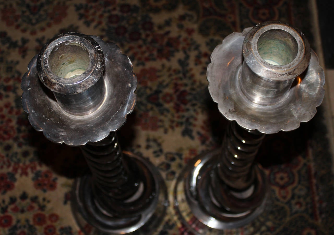 20th Century Large Pair of Silvered Bronze Barley Twist Candlesticks For Sale