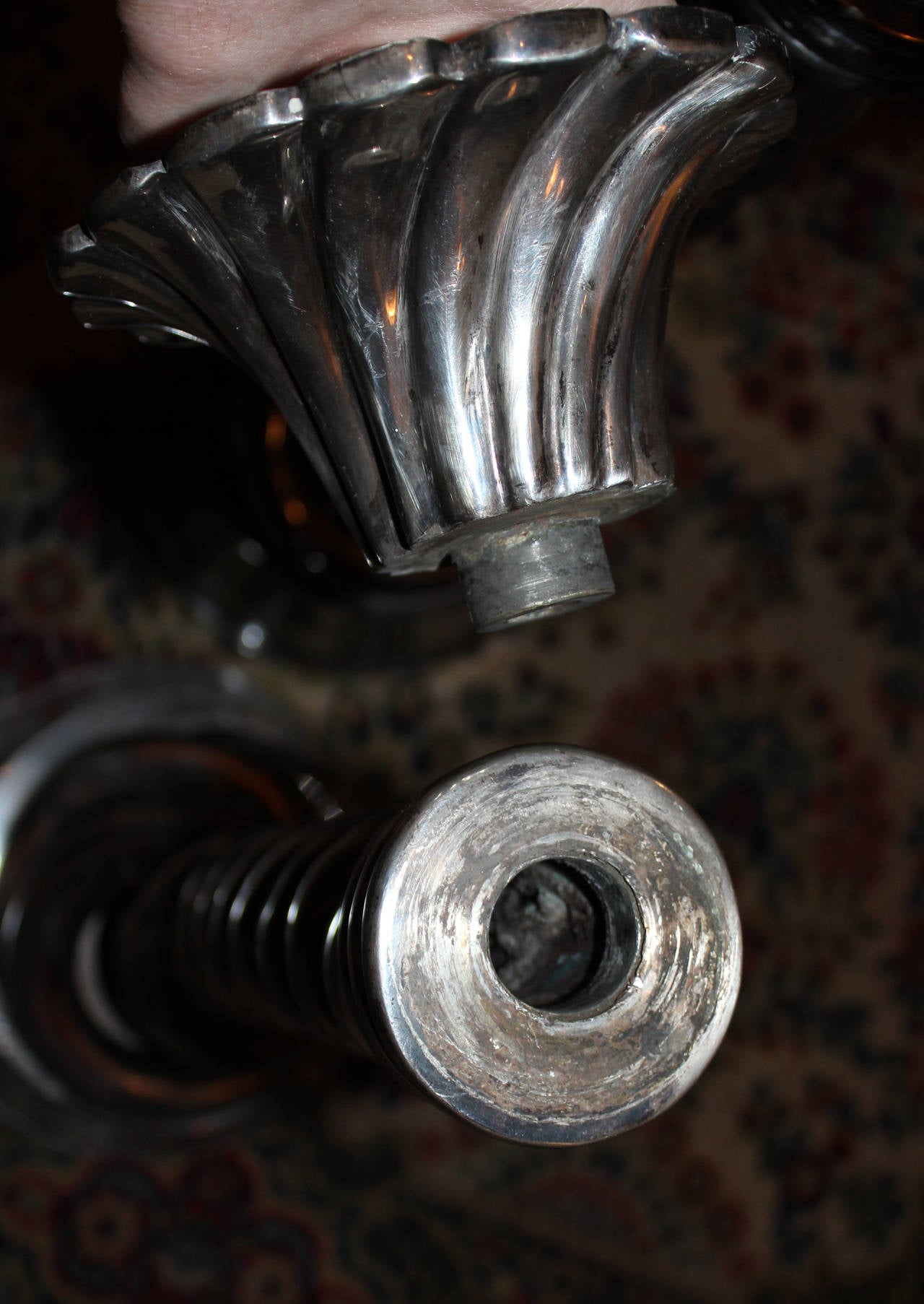 Silver Plate Large Pair of Silvered Bronze Barley Twist Candlesticks For Sale