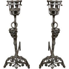 Antique Large Wrought Iron Andirons with sandblasted patina