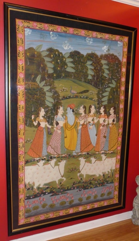 Indian temple hanging or Pichhavai with Krishna and female cowherds or Gopis. These hangings were painted with scenes from Krishna's life and were intended to be placed behind sculptures of him. Distemper on canvas, mounted on black background,