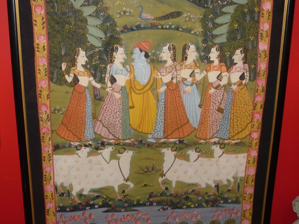 Indian Temple Hanging or Pichhavai with Krishna and Gopis In Good Condition In Milford, NH