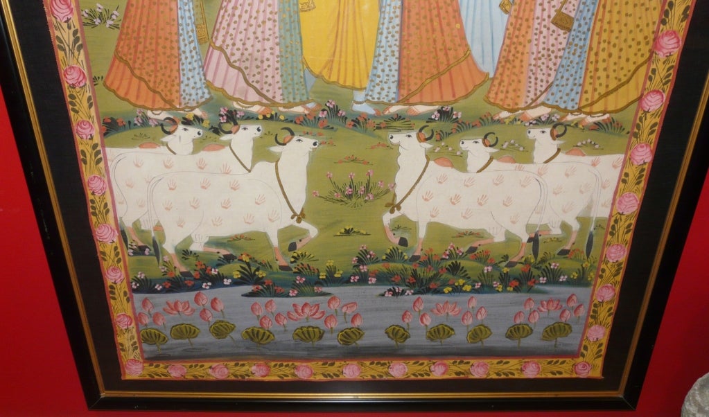 Canvas Indian Temple Hanging or Pichhavai with Krishna and Gopis