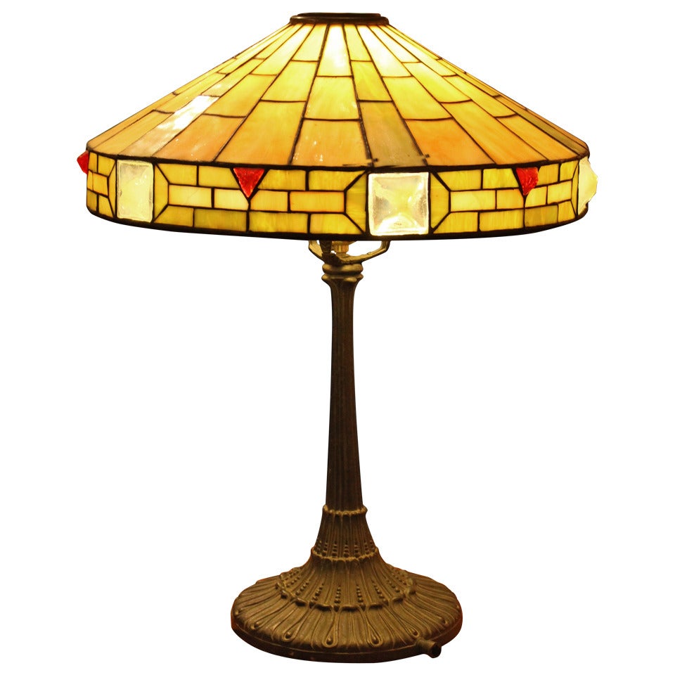 Leaded Glass Arts & Crafts Lamp with Jeweled Shade
