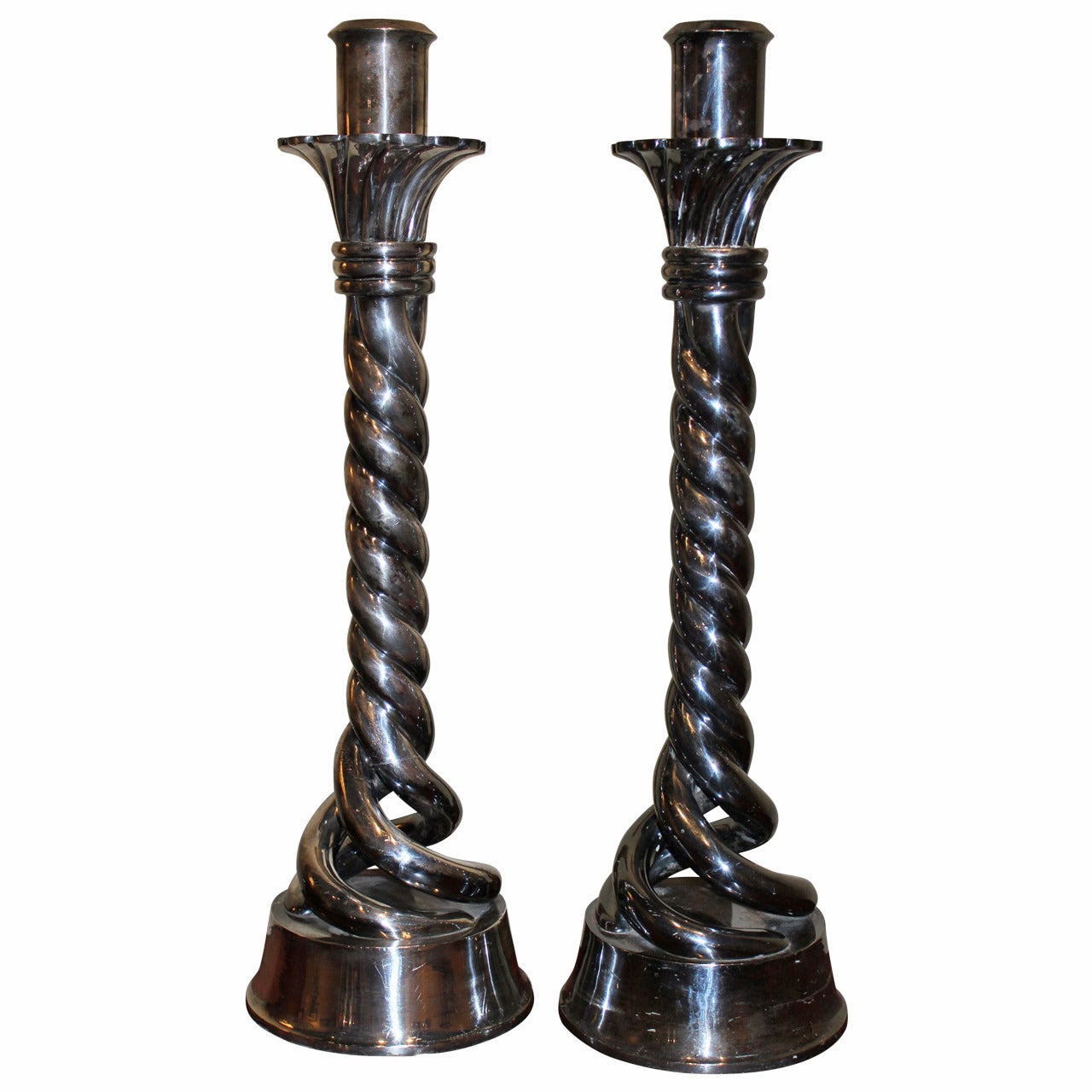 Large Pair of Silvered Bronze Barley Twist Candlesticks