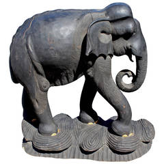 Large Ebonized Carved Wooden Elephant