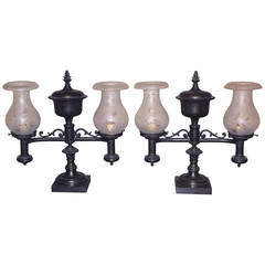 Pair of 19th Century English Bronze Double Burner Argand Lamps