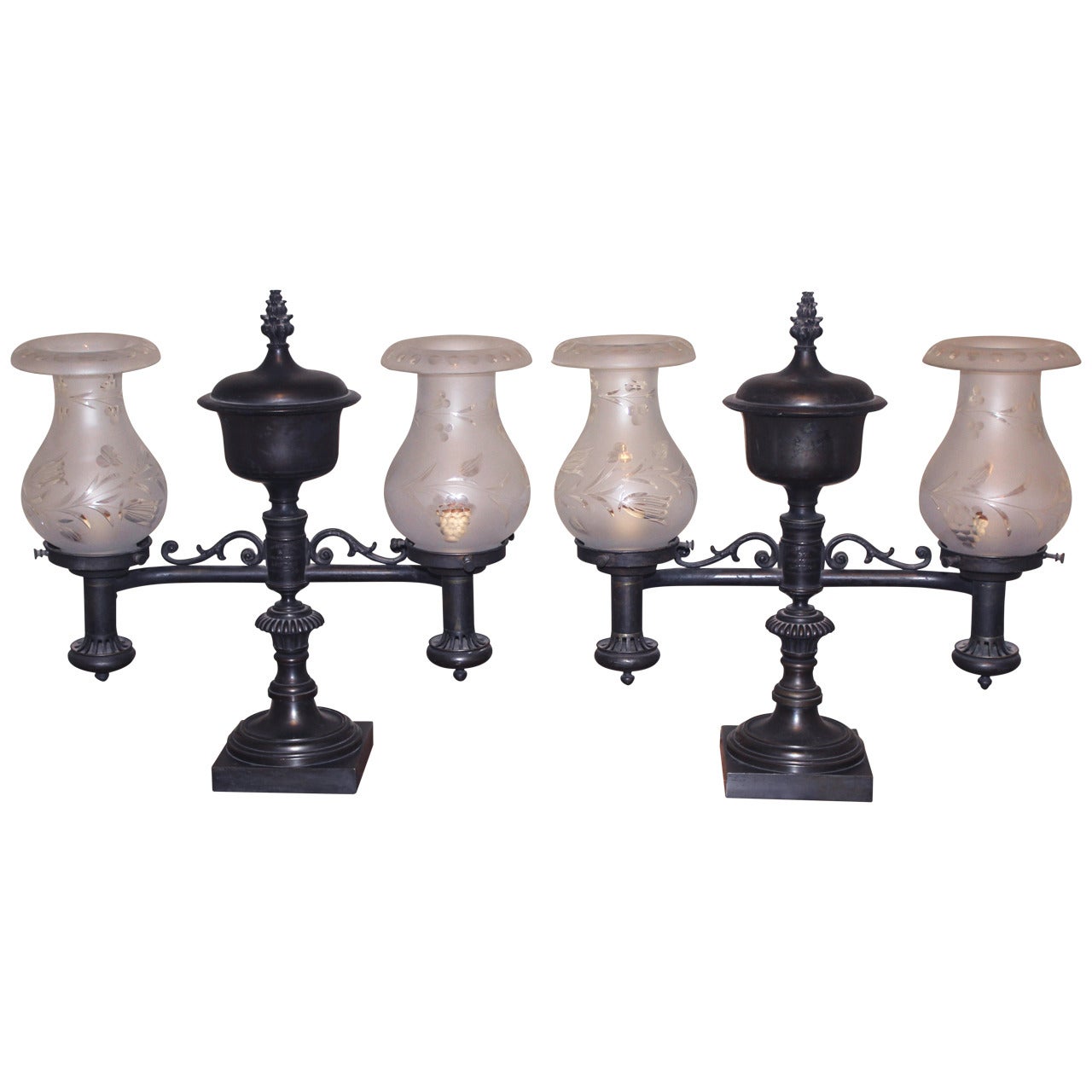 Pair of 19th Century English Bronze Double Burner Argand Lamps