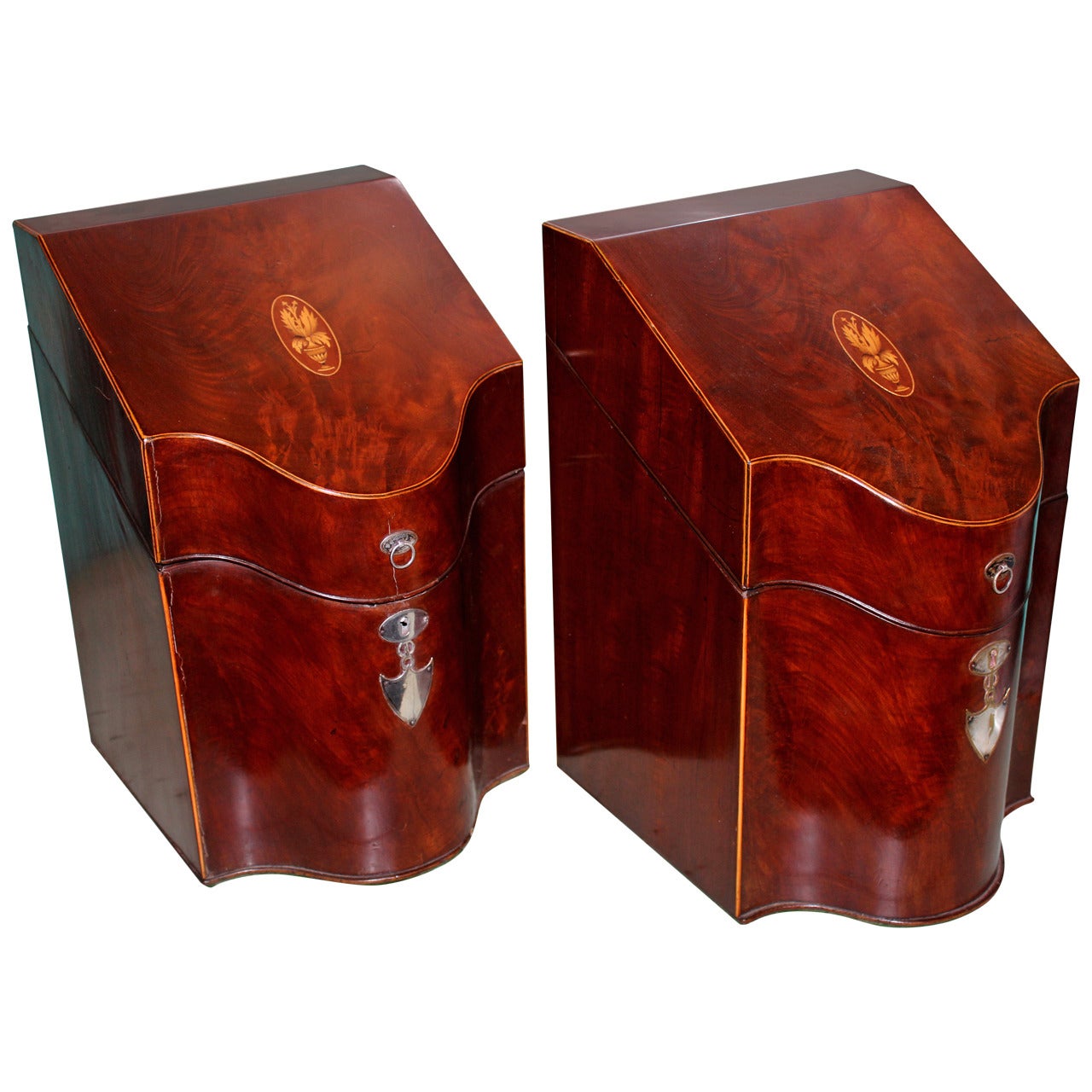 American Hepplewhite Knife Boxes in Mahogany with Silver Mounts