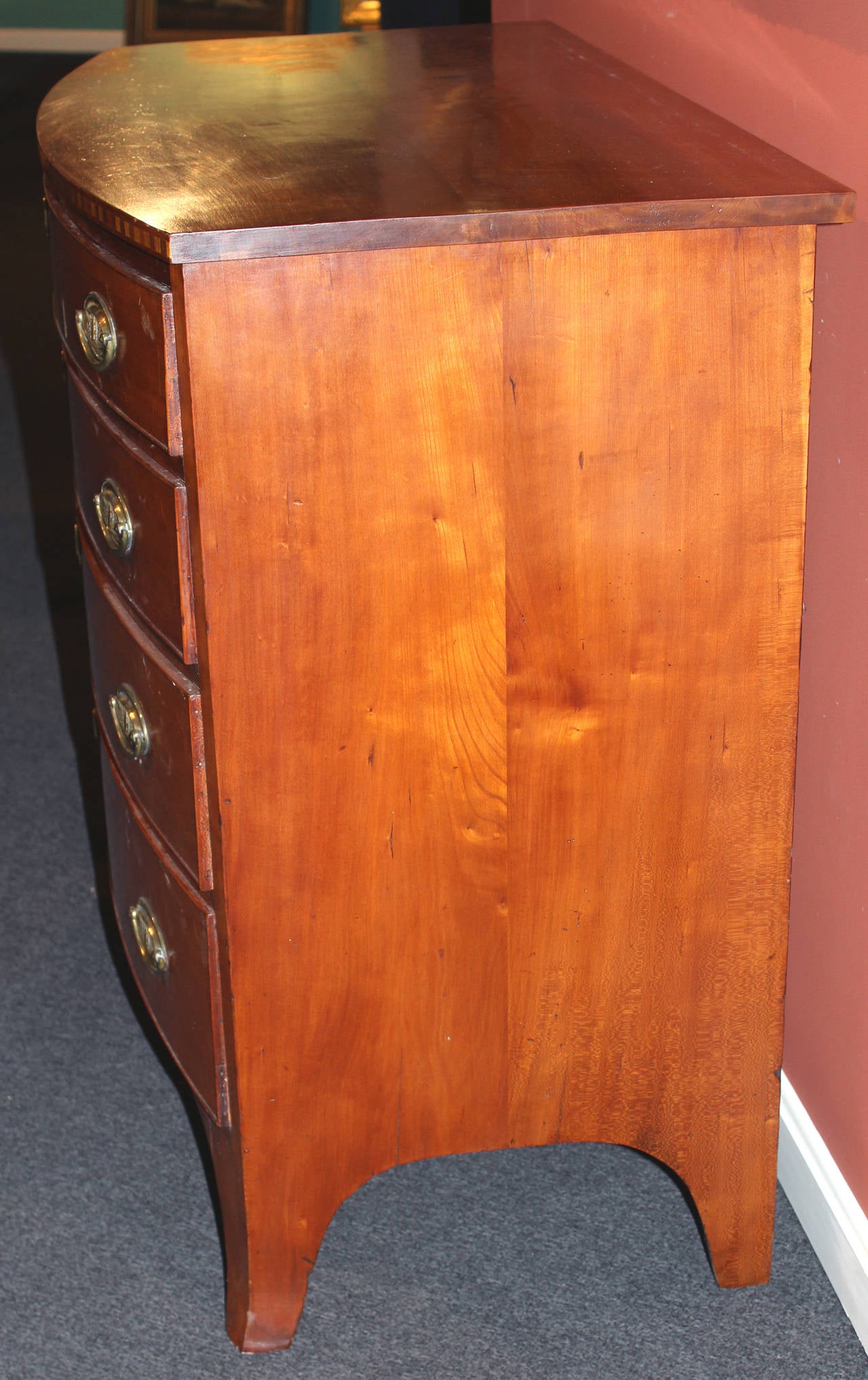 Federal Period Cherry Four Drawer Swell or Bow Front Chest with Signed Brasses In Excellent Condition In Milford, NH