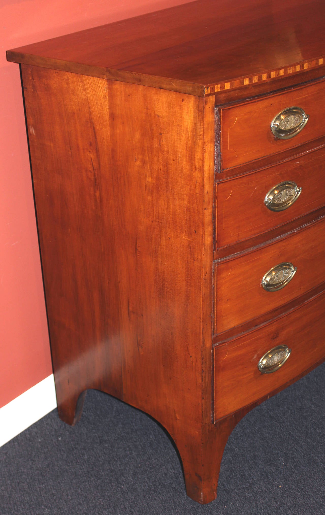 19th Century Federal Period Cherry Four Drawer Swell or Bow Front Chest with Signed Brasses