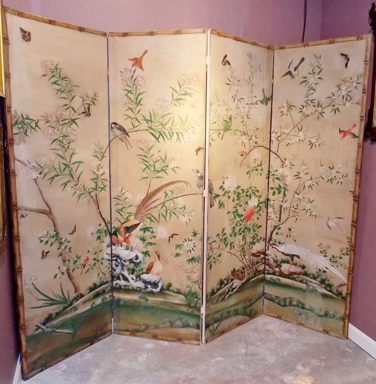 A rare 18th Century Chinese wallpaper screen. Each panel measures 22