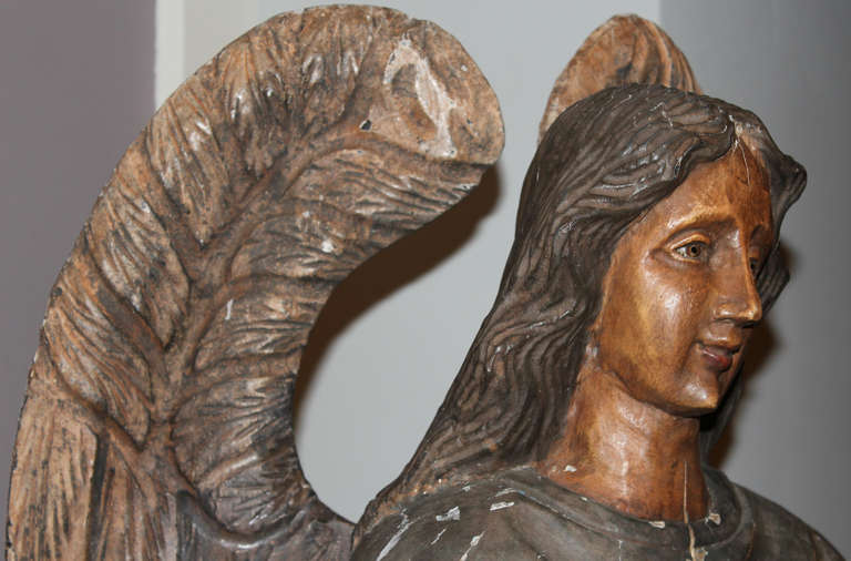 19th c Continental Wooden Carved Standing Angel Figure In Excellent Condition In Milford, NH