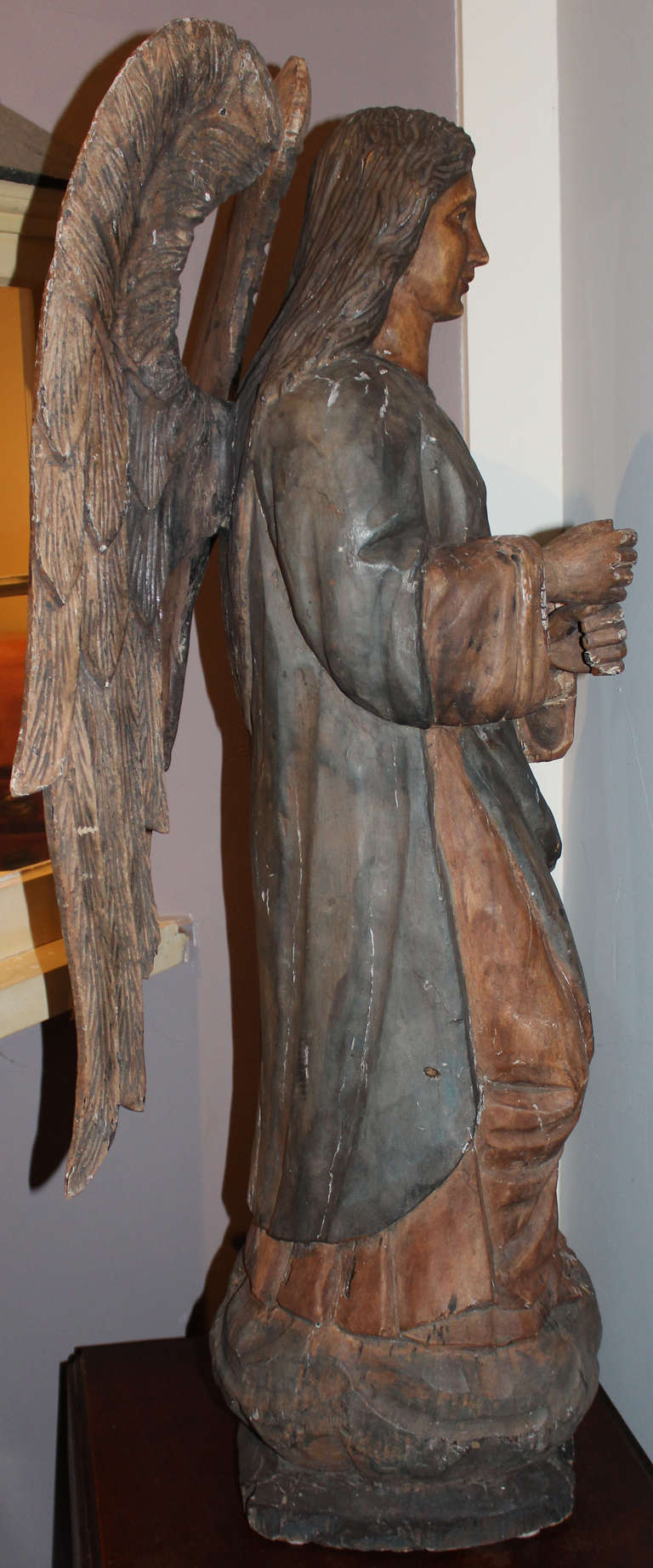 19th Century 19th c Continental Wooden Carved Standing Angel Figure