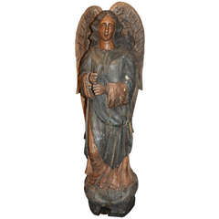 19th c Continental Wooden Carved Standing Angel Figure