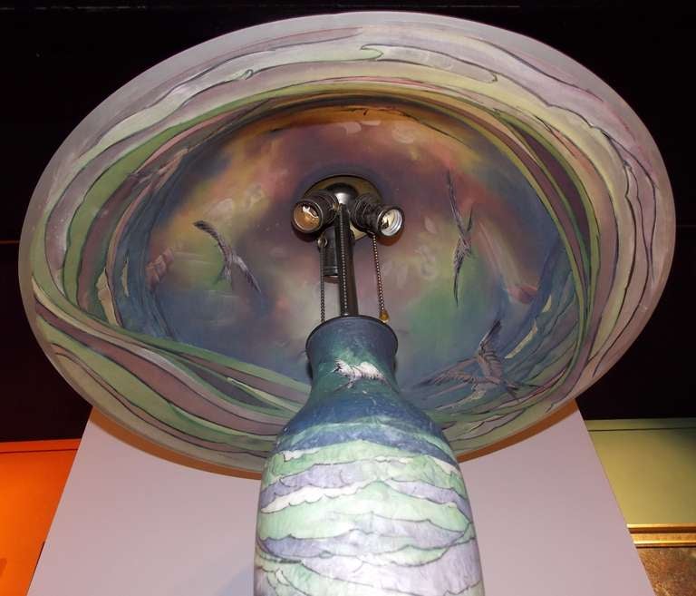 American Pairpoint Reverse-Painted Glass Seagull Lamp