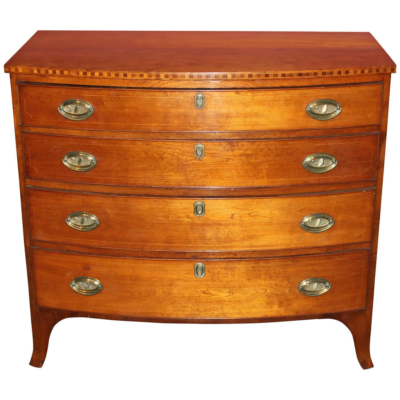 Federal Period Cherry Four Drawer Swell or Bow Front Chest with Signed Brasses at 1stDibs