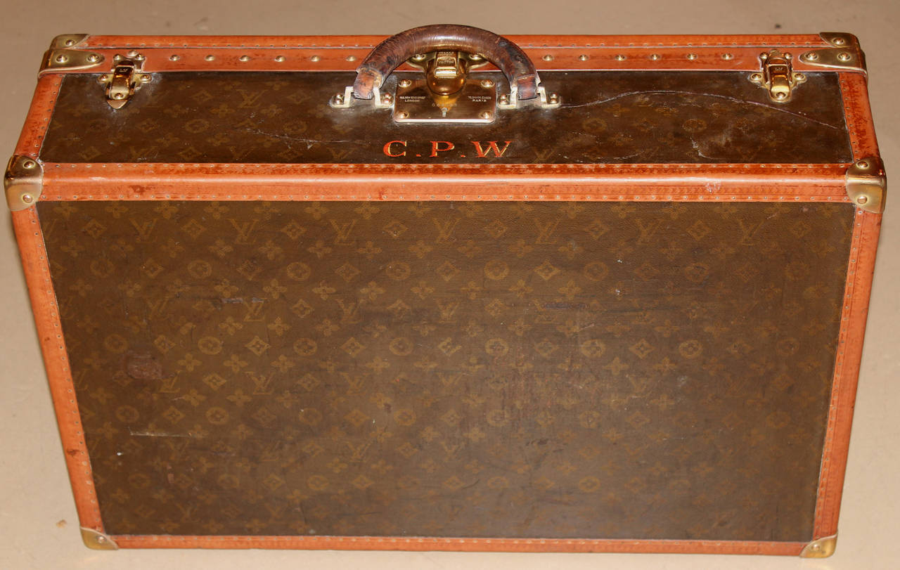 French Louis Vuitton Hardside Luggage Suitcase with Interior Tray and Key, circa 1940s