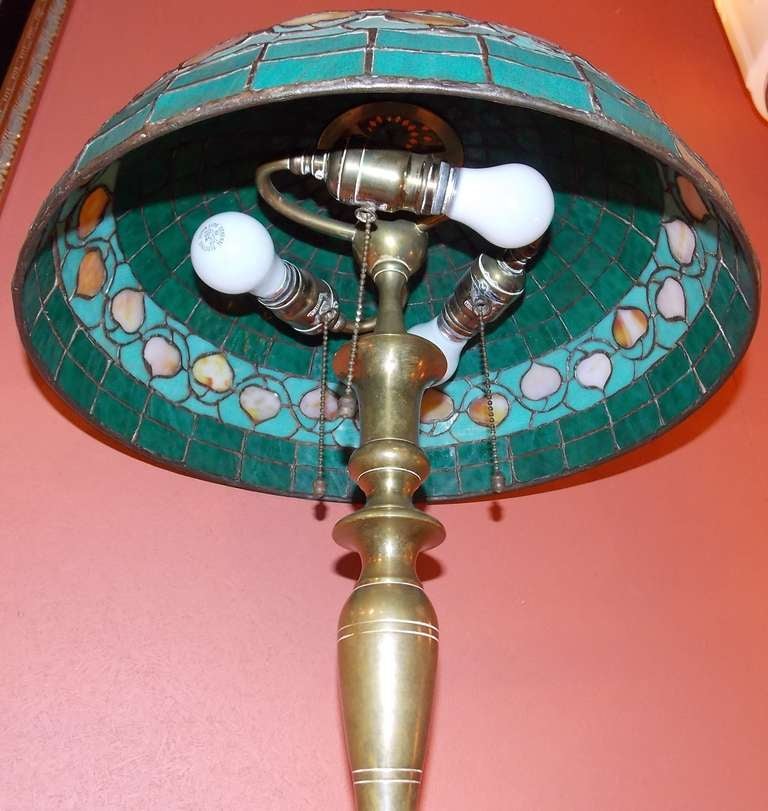 Hubbell Art Deco Brass Lamp with Green Glass Shade In Good Condition In Milford, NH