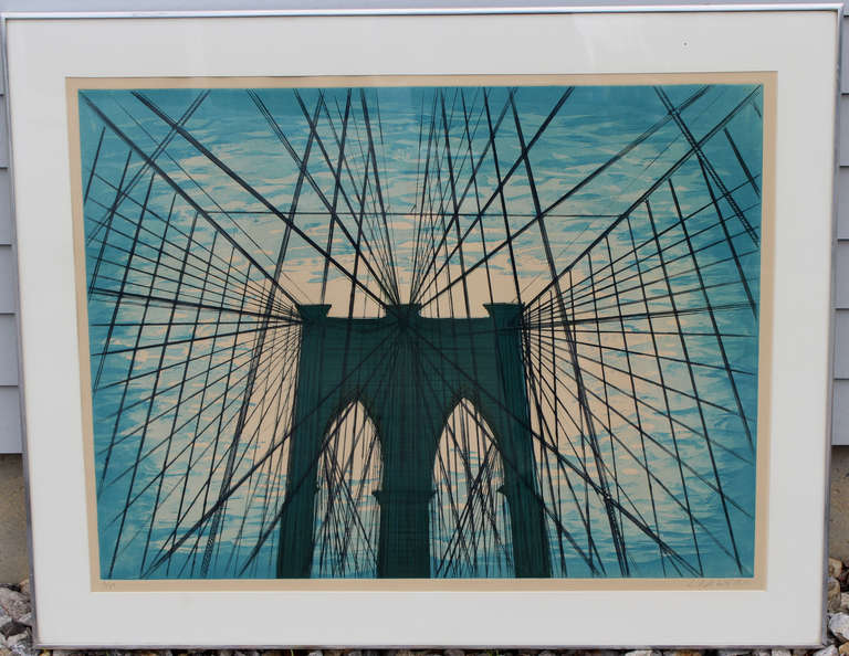 Limited edition print of a watercolor of the Brooklyn Bridge, originally done by American artist Lowell Blair Nesbitt (1933-1993). Nesbitt was born in Baltimore, Maryland and later moved to New York, where he became known for his real object