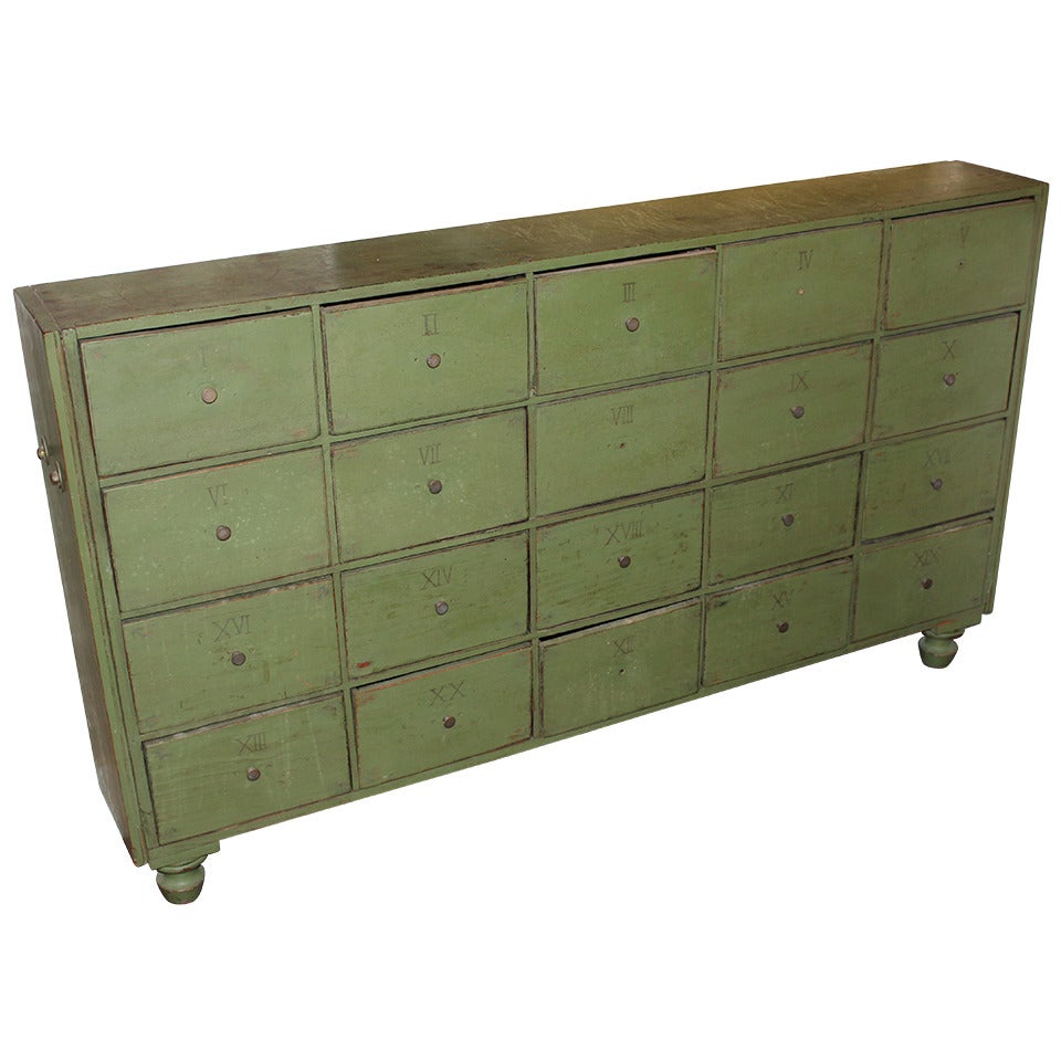 19th Century Twenty Drawer Apothecary Chest in Green Polychrome Paint