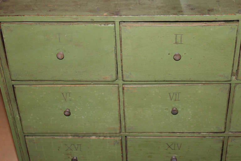 19th Century Twenty Drawer Apothecary Chest in Green Polychrome Paint In Good Condition In Milford, NH