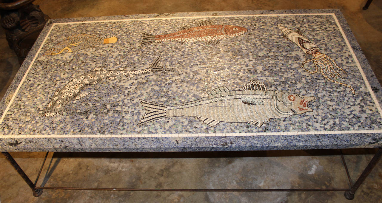 Large Lapis and Stone Mosaic Coffee Table with Ocean Motif In Excellent Condition In Milford, NH
