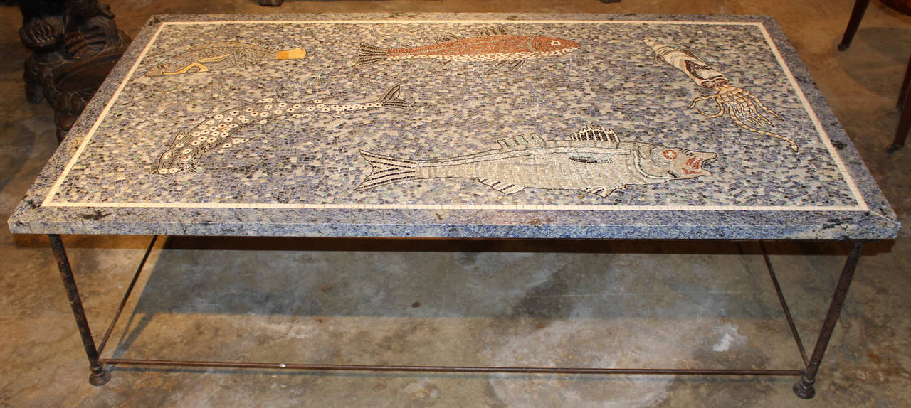 20th Century Large Lapis and Stone Mosaic Coffee Table with Ocean Motif