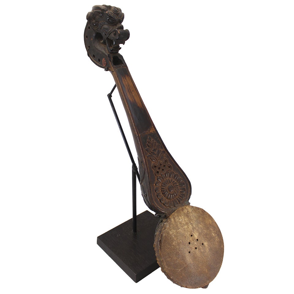 19th Century Foliate Carved Tibetan Lute with Dragon Form