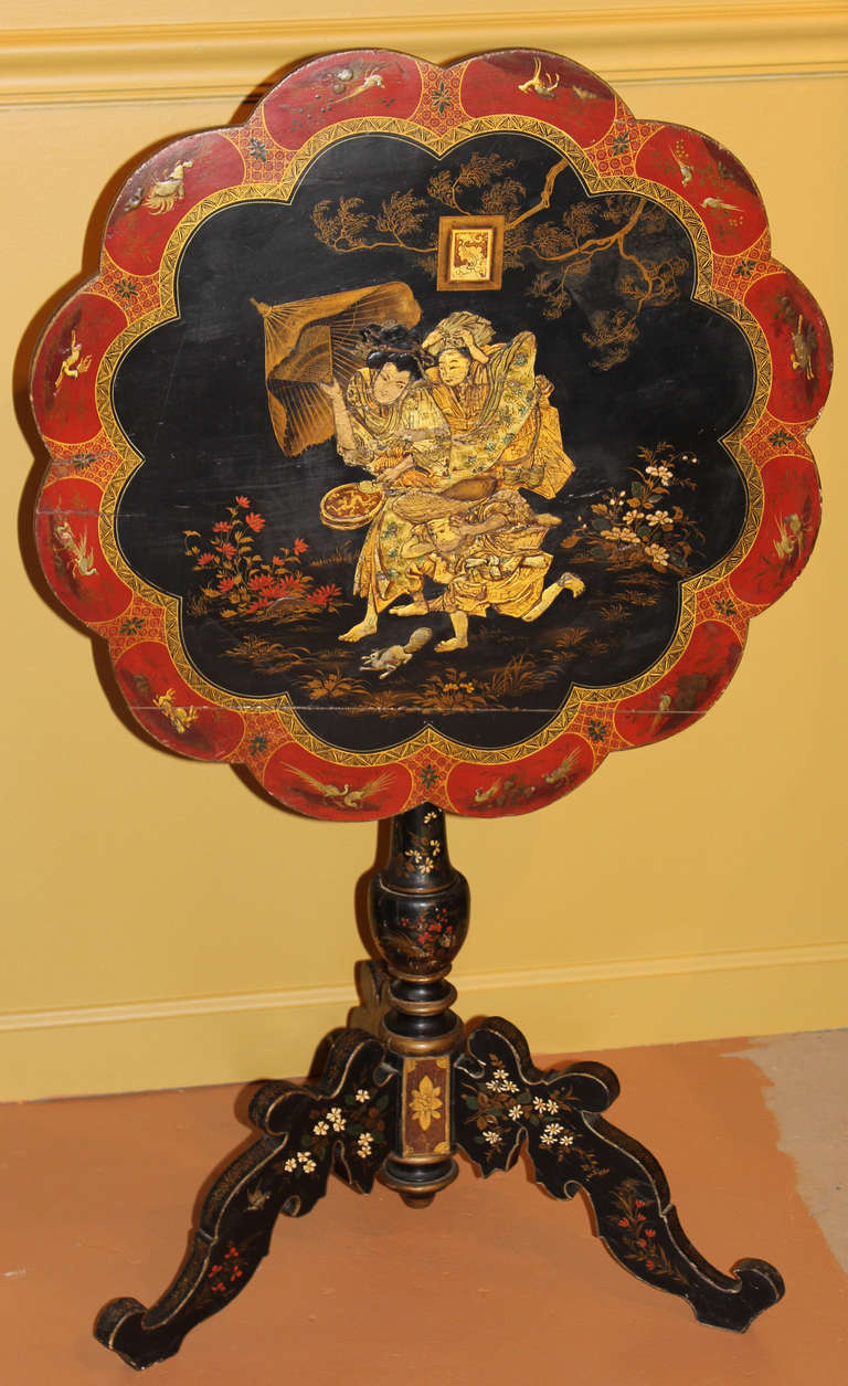 19th Century Chinese Lacquered Tilt-Top Table with Scalloped Top