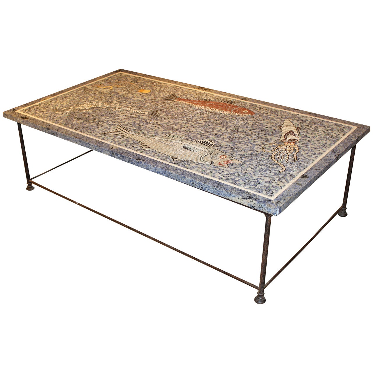 Large Lapis and Stone Mosaic Coffee Table with Ocean Motif